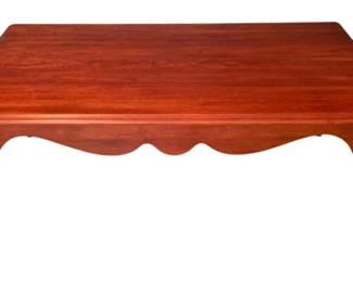 71 - Ducks Unlimited Coffee Table by Kincaid (Description): 18.5 x 49.5 x 30 Wooden coffee table featuring a charming scalloped apron and turned legs with a warm reddish finish.