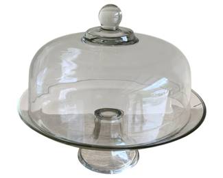 974 - Glass Cake Stand - as is - cracked (Description): Plate has crack on edge - dome is okay 12 x 13