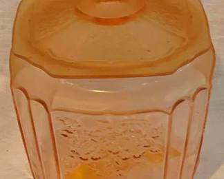 351 - Pink Depression Glass Candy Jar w/ lid (Description): "Mayfair" - 7.5 x 5.5 x 5.5