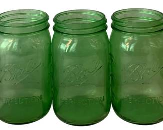 39 - 3 Green Glass Ball Mason Jars - 7" Tall