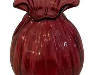 397 - Vintage Cranberry Art Glass Ruffled Rib Bag Vase (Description): 8.5" tall