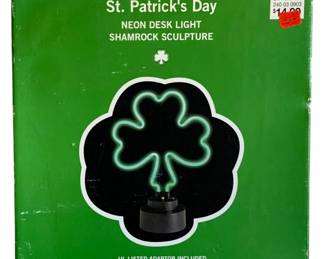 955 - Neon Desk Light Shamrock Sculpture in box (Description): Used as is electric/electronic/mechanical item. No guarantee all components, untested.