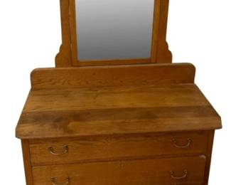 335 - Antique Oak 3-drawer Dresser w/ Mirror (Description): 70 x 41.5 x 18.5