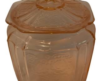 400 - Pink Depression Glass Biscuit Jar w/ lid (Description): 7.5 x 5.5 x 5.25
