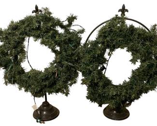 634 - 2 Faux Wreaths - 23 x 18, w/ lights & stands