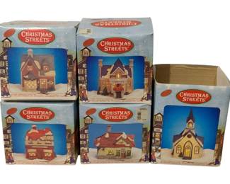 663 - 5 Christmas Streets Lighted Houses in boxes (Description): Used as is electric/electronic/mechanical item. No guarantee all components, untested.