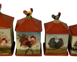 359 - 4pc Susan Winget Ceramic Rooster Canister Set (Description): Largest - 12 x 6 x 6.5