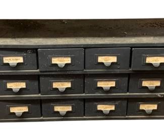 624 - Vintage Industrial Hardware Storage Drawers (Description): 10.5 x 34 x 11.75