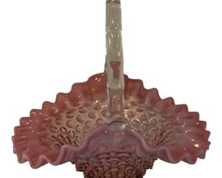 399 - Vintage Fenton Cranberry Opalescent Hobnail Basket (Description): 8.5 x 6.5 x 7.5