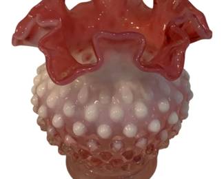 401 - Vtg Fenton Cranberry Opalescent Hobnail Vase (Description): 4.5" tall