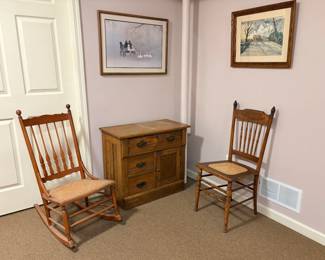 Washstand, rocker, one of many chairs, wall art