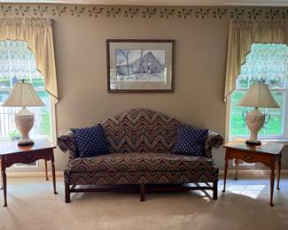 Matching lamps and end tables. Old mill print, couch 