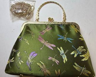 Green Dragonfly Patterned Gold Tone Clutch - JTV