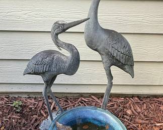 Cast Metal Heron Pair Garden Bird Bath