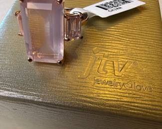 DK 925 Sterling Silver Rose Gold Plated Emerald-Cut Pink Stone Ring