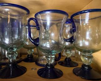 Mexican Hand Blown Glass Goblets with Cobalt Blue Rim and Base