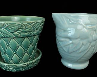 McCoy Pottery Green Pineapple Planter with Saucer and Light Blue Leaf Pitcher