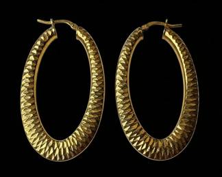 14K Gold Italian Textured Oval Hoop Earrings