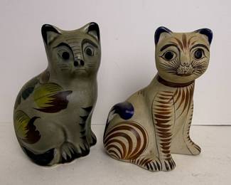 Tonala Mexican Pottery Cat Figurines - R.S. Signed