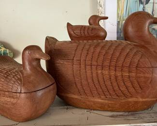 Hand Carved Teak Wood Duck Trinket Boxes