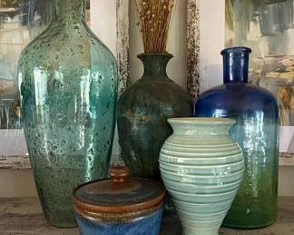 Collection of Decorative Glass Bottles and Stoneware Vases