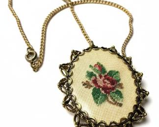 Petit Point Rose Brooch Pendant Necklace