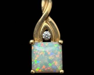 14k Yellow Gold Opal and Diamond Pendant Style