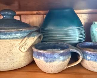 Bernardi Studio Pottery Blue Tan Casserole Dish and Mugs Set