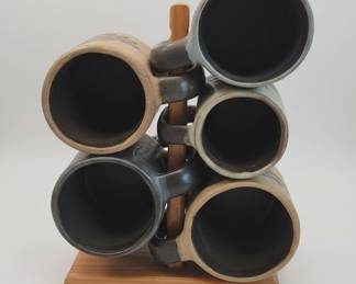 Rodolfo Padilla Mexico Stoneware Mugs Set on Stand