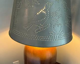 Folk Art Style Stoneware Crock Table Lamp with Punched Tin Shade