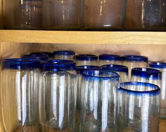 Mexican Hand Blown Glass Goblets with Cobalt Blue Rim and Base