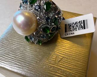 Sterling Silver Pearl and Chrome Diopside Cocktail Ring