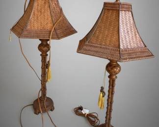 Pair of Vintage Rattan Bamboo Table Lamps with Wicker Shades