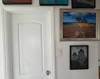 Selection of Framed Original Art & Paintings  An eclectic selection of framed artwork featuring figurative, architectural and landscape subjects in a variety of styles. The group includes two expressive figurative works, architectural city scenes, and a vibrant tropical seascape.