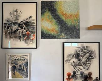 Shown here are just a few of the original artworks available at the sale, including two works by Charles Billich, an abstract work by Kenneth Ober, and “Way Out” by a Belgian artist. Each artwork is available individually.  Additional original artwork will also be available. Please feel free to message us for details, dimensions, pricing, or additional photos of any piece.