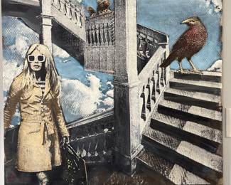 Original artwork by contemporary artist Carl Smith, featuring a striking, cinematic composition of a woman against a dramatic architectural staircase, surrounded by birds and a vivid blue sky. The work combines graphic, pop-art-inspired imagery with layered textures and a distinctive vintage feel.  Original artwork, signed and dated by the artist. Approx. 35” H × 35” W. Sold individually.