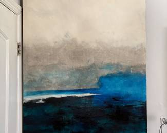 Amber Goldhammer – “Palos Verdes”  Large-scale original abstract painting by contemporary artist Amber Goldhammer. Palos Verdes features an atmospheric composition of deep ocean blues, teal, charcoal, soft gray and warm ivory, with layered texture and expressive brushwork creating a beautiful sense of depth and movement.  The dramatic contrast between the luminous upper field and rich, saturated blues below gives the piece a serene yet striking presence.  Original artwork, signed by the artist. Approx. 48” H × 36” W. Sold individually