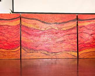 Large Signed Abstract Triptych – 2007  Dramatic three-panel original abstract painting featuring richly textured layers of red, crimson, orange, rust and warm golden tones, accented by sweeping dark lines.  The three canvases form one continuous composition and create an impressive large-scale statement when displayed together. Beautiful texture and depth throughout, with a warm, contemporary palette.  Signed by the artist and dated 2007. Artist currently unidentified.  Two side panels measure approximately 40” × 30” each, with the larger center panel approximately 50” × 30”.  Sold as a three-piece set.
