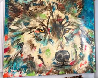Shandell Oliver – “Wise Hunter”  Striking large-scale original mixed-media painting by Shandell Oliver, created with paint and real wolf hair. Featuring a powerful wolf portrait with expressive texture, vibrant color and piercing golden eyes, the work has a dramatic presence and incredible visual depth.  Original mixed-media artwork, signed by the artist. Approx. 48” x 48”. Sold individually.  Please feel free to message us for additional photos, details or pricing.