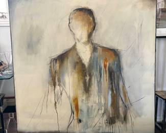 Mark Acetelli – “Nowhere Man”  Large-scale original painting by contemporary artist Mark Acetelli. This striking figurative work features a solitary, faceless figure rendered in a restrained palette of cream, gray, charcoal and warm earthy tones, with expressive lines, layered textures and subtle drips creating a haunting, atmospheric composition.  Original artwork, signed by the artist. Approx. 56” H × 48” W. Sold individually.
