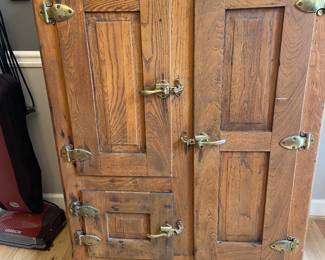 Solid wood Gibson Refrigerator Co. Ice Chest with brass features + storage inside
