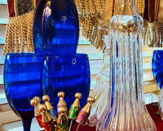 Vintage Pier One Hors D'oeuvre Picks, Ribbed Crytsal Decanter, Libby Colbalt Teardrop Goblets