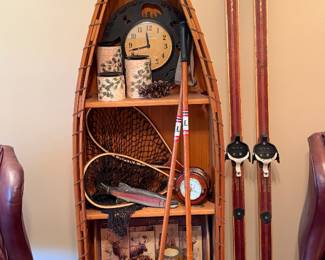 Canoe Bookshelf,  Vintage Wooden Skis, Rustic Cabin Decor