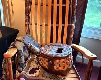 Rustic Bentwood Rocker, Vintage Fishing Basket Creel