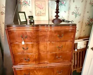 Vintage serpentine-front dresser with gorgeous burl wood