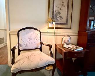 Lovely French style armchair and brass floor lamp