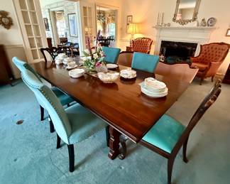 Gorgeous dining table with blue velvet chairs