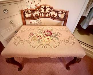 Gorgeous vintage French Louis XV style needlepoint vanity bench