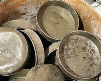 6” round w/dome top Antique small town bakery pans (dozens)