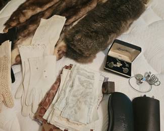 fur appliques, gloves, glasses